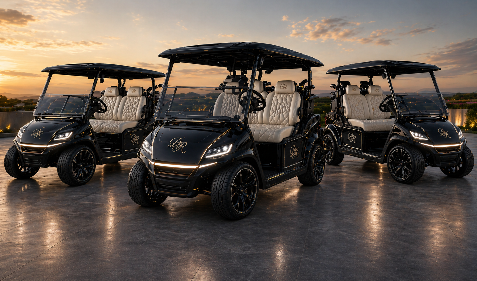 Bespoke Dukes Reserve monogrammed luxury golf carts at sunset